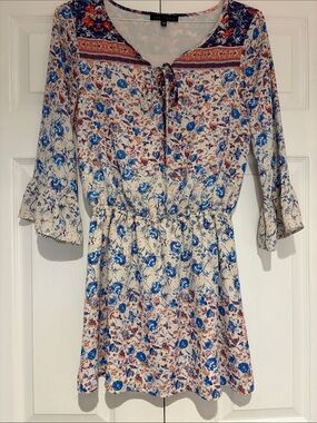 Sanctuary Cream Floral Mini Dress with Blue and Rust Accents